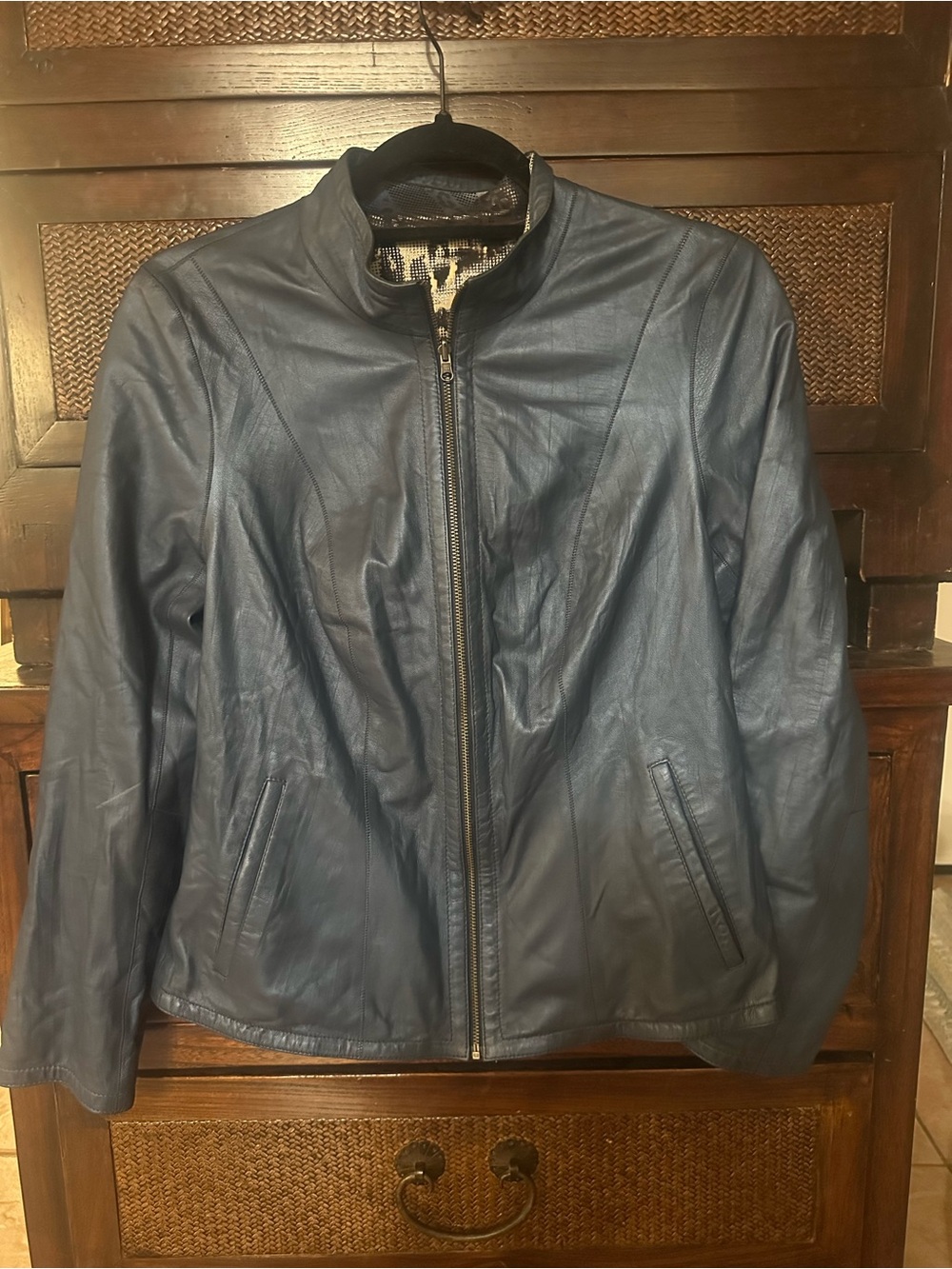 Blue Leather Jacket with Brass YKK Zipper